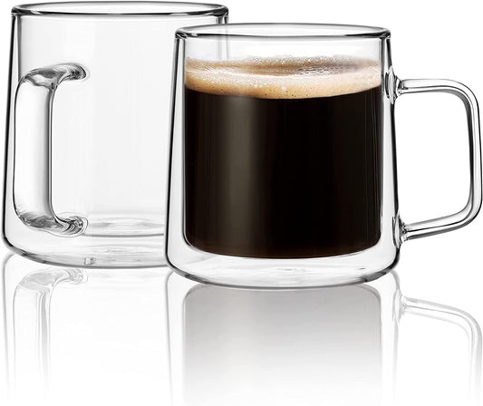 10Oz Glass Coffee Mugs,Double Wall Insulated Glass Mugs with Handle,Clear Espresso Mug for Latte,Cappuccino,Tea Bag,Set of 2